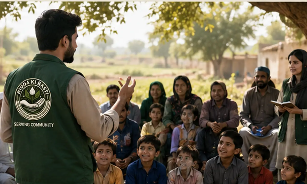 Community facilitator speaking with families during a local awareness meeting